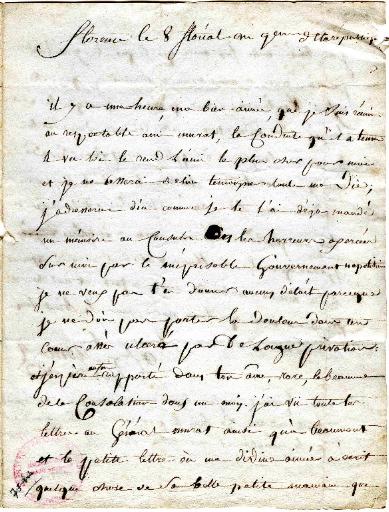 Lettre du Général Dumas à sa femme, Florence le 8 floréal an 9 de la république (1801)