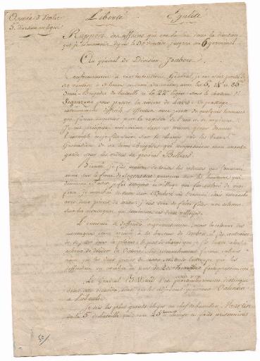 Rapport du Général Dumas au Général de Division Joubert en date du 30 ventôse jusqu'au 6 germinal an 5 (mars 1797)