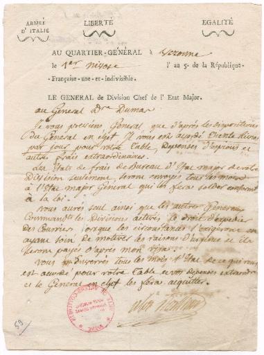 Lettre du Général divisionnaire Louis Alexandre Berthier au Général Dumas, Vérone le 1er nivôse de l'an 5 (21 décembre 1796)