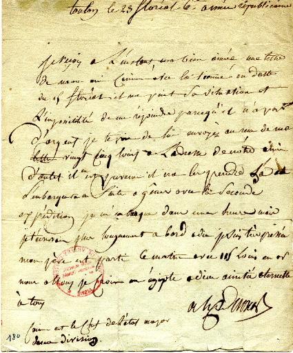 Lettre du Général Dumas à sa femme, Toulon le 23 floréal an 6 (12 mai 1798)