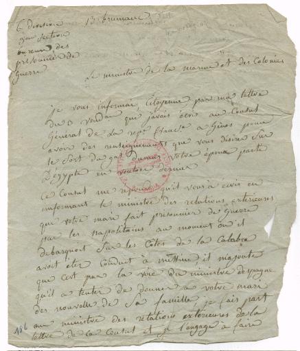 Lettre de Marc-Antoine Bourdon de Vatry, Ministre de la Marine et des Colonies, le 13 brumaire 4 novembre 1799 à Marie-Louise Dumas