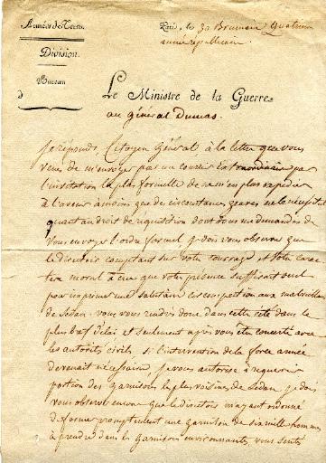 Lettre de Jean Baptiste Annibal Aubert-Dubayet, Ministre de la Guerre au Général Dumas, Paris le 30 brumaire an 4 (21 novembre 1795)