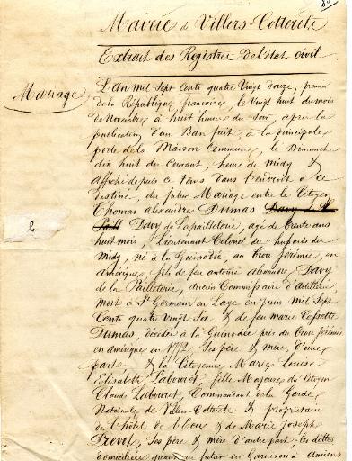 Extrait des Registres de l'Etat-Civil, mariage de Thomas Alexandre Dumas Davy de la Pailleterie et de Marie Louise Labouret
