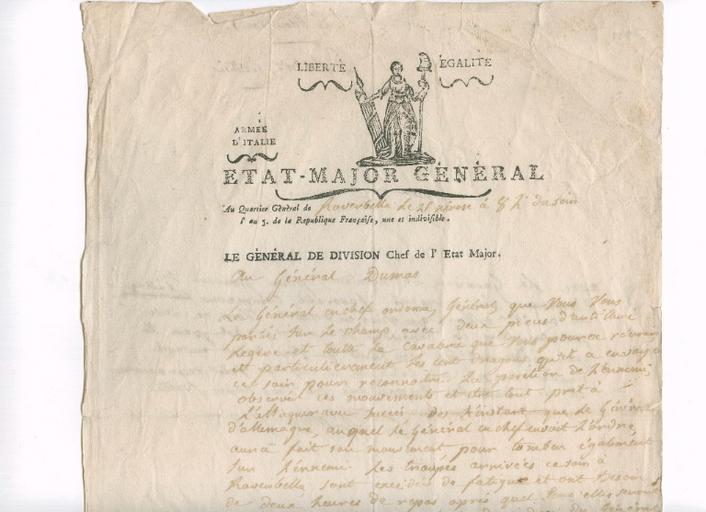 Lettre de Louis Alexandre Berthier, Général de Division, Chef de l'Etat-Major au Général Dumas, Roverbella le 26 Nivôse an 5 (15 janvier 1797)