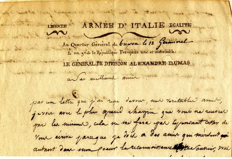 Lettre du Général Dumas à ses meilleurs amis, Brixen le 12 Germinal an 5 (1 avril 1797)