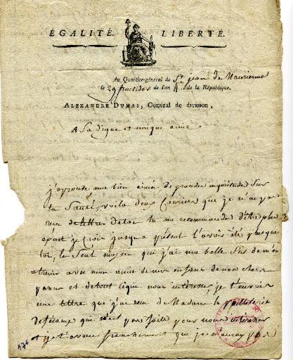 Lettre du Général Dumas à sa femme, Saint-Jean-de-Maurienne le 29 fructidor an 4 (15 septembre 1796)
