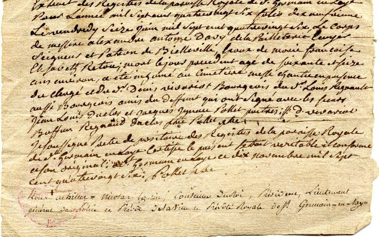 extrait des Registres de la paroisse royale de Saint-Germain-en-Laye, acte de décès d'Antoine Davy de la Pailleterie, 10 novembre 1786