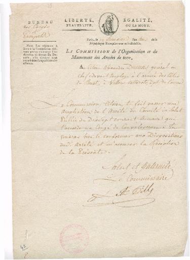Lettre de Louis Antoine Pille, commissaire de l'Organisation et du Mouvement des Armées de terre au Général Dumas, Paris le 19 frimaire an 3 (9 décembre 1794)