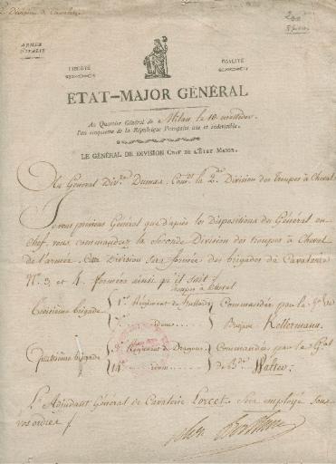 Lettre de Louis Alexandre Berthier, Général de Division et chef de l'Etat-Major, Milan le 10 Messidor an 5 (28 jiun 1797)