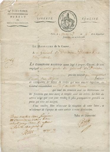 Lettre de Claude Louis Petiet, ministre de la Guerre, Paris le 9 Messidor an 4e de la République (27 juin 1796)