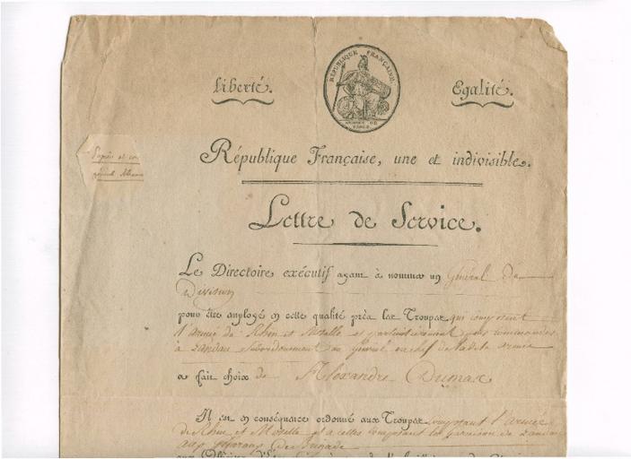 Lettre de Service d' Aubert Dubayet, Ministre de la Guerre, Paris le 21 Nivôse l'an 4e (11 janvier 1796)