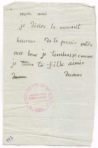 Lettre de Marie Alexandrine Aimée Dumas à son père