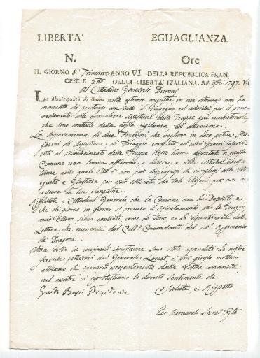 Lettre de Badia en date du 8 frimaire an 6 (28 novembre 1797) au citoyen Général Dumas