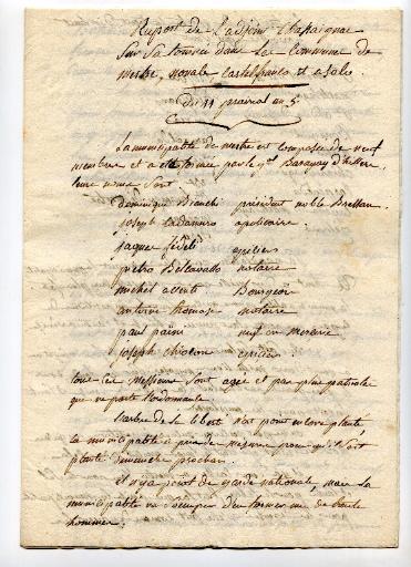 Rapport de l'adjoint Chataignac sur la tournée dans les communes de Mestre, Novale, Castelfranco et Asolo, en date du 11 prairial an V (30 mai 1797)