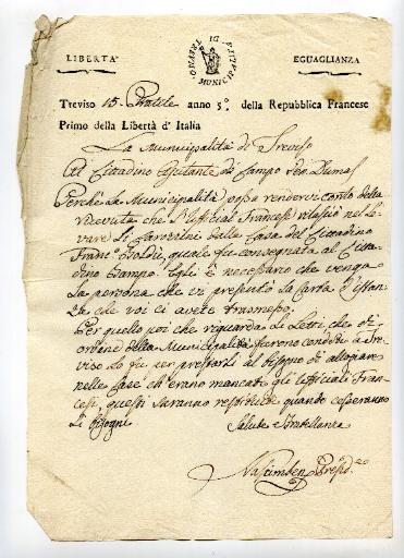 Lettre de Trévise en date du 15 pratile (prairial) an 5 de la République Française (3 juin 1797)