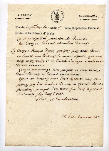 Lettre de Trévise datant du 1 messidor an 5 (19 juin 1797)