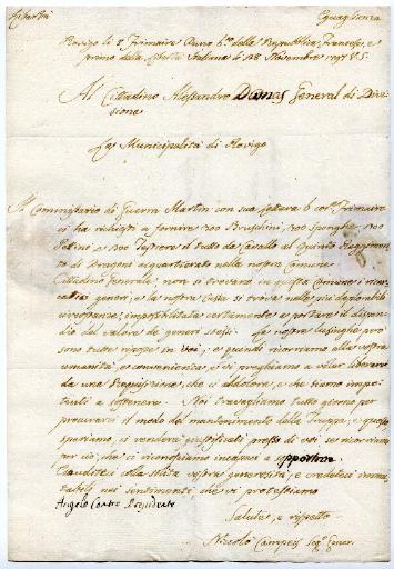 Lettre de la municipalité de Rovigo en date du 8 frimaire an 6 (28 novembre 1797)