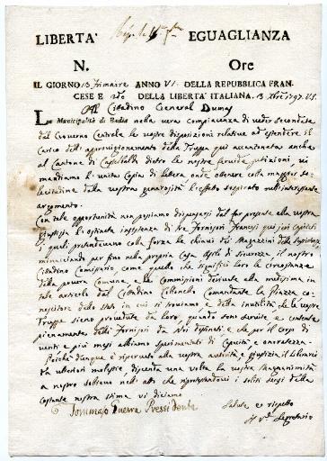 Lettre de la municipalité de Badia en date du 13 frimaire an 6 (3 décembre 1797) au citoyen Général Dumas