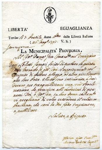Lettre de la municipalité de Trévise en date du 7 prairial anno 1 della Liberta Italiana (26 mai 1797)