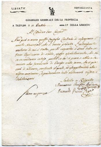 Lettre de la province de Trévise en date du 11 pratile anno 1 della Liberta (30 mai 1797)