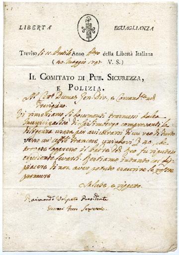 Lettre du Comité publique de la sécurité et de la police de Trévise au général Dumas en date du 30 mai 1797