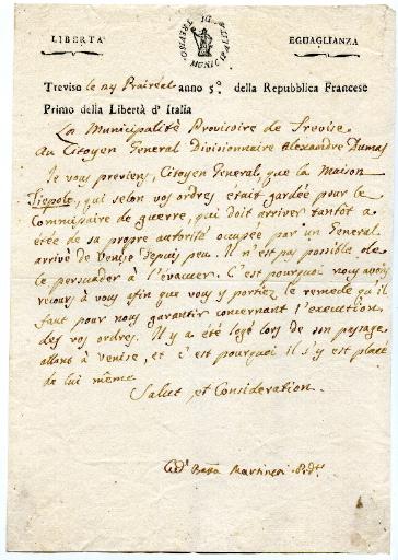 Lettre de la municipalité provisoire de Trévise au citoyen général divisionnaire Alexandre Dumas en date du 24 prairial anno 5 (12 juin 1797)