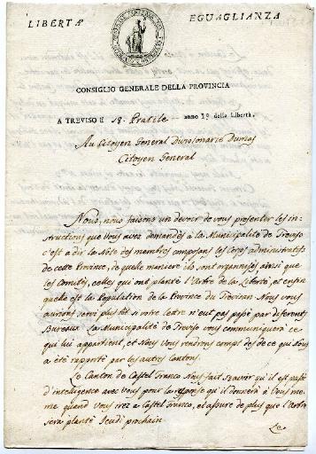 Lettre du conseil général de la province de Trévise au citoyen général divisionnaire Dumas en date du 18 practile (prairial) anno 1 della Liberta (6 juin 1797)