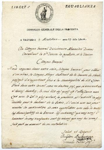 Lettre du conseil général de la province de Trévise au citoyen général divisionnaire Dumas en date du 3 mietitore (messidor) anno 1 della Liberta (21 juin 1797)