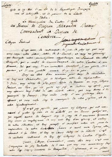 Lettre de la municipalité du canton d'Asolo au général Dumas en date du 29 mai 1797