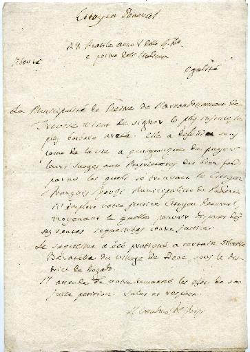 Lettre du citoyen François Bouri de la municipalité de Podexie en date du 28 practile (prairial) an 5 (16 juin 1797)