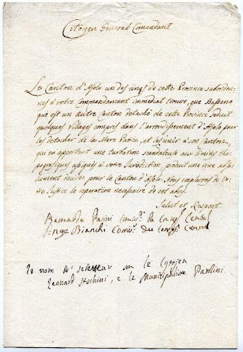 Lettre de la commission du Conseil central du canton d'Asolo