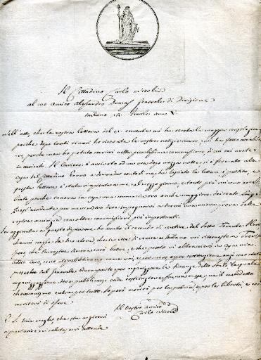 Lettre du citoyen Carlo Nicoli à son ami Alexandro Dumas de Milan en date du 14 ? anno 5 (? 1797)