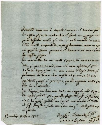Lettre de Brindisi en date du 8 août 1800