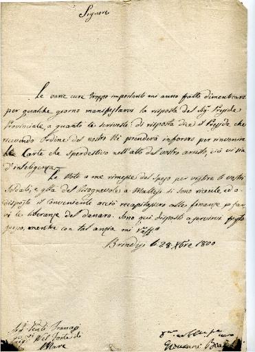 Lettre de Brindisi en date du 28 octobre 1800