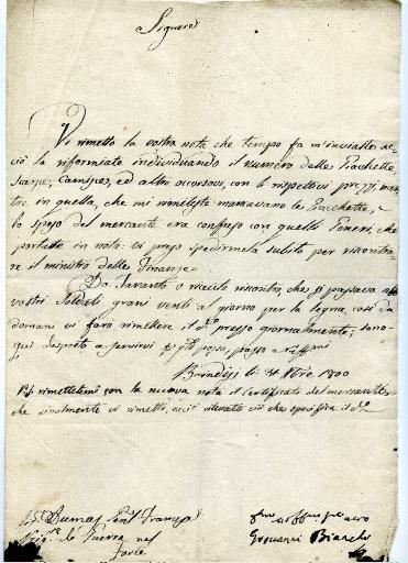 Lettre de Brindisi en date du 31 octobre 1800