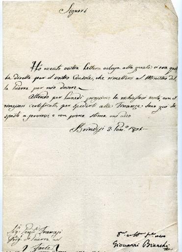 Lettre de Brindisi en date du 2 janvier 1801