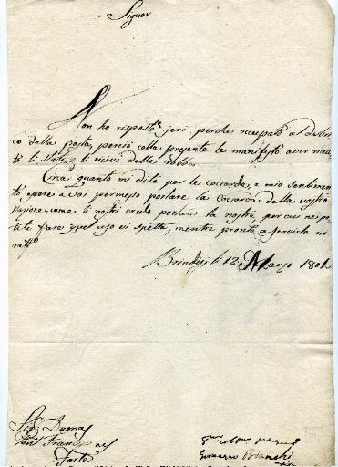 Lettre de Brindisi en date du 12 mars 1801