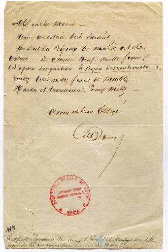 lettre d'Alexandre Dumas à propos du contrat de mariage de sa fille