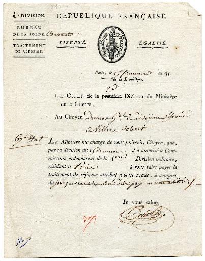 Lettre du Bureau de la solde courante - Traitement de réforme, Paris le 15 frimaire an 11 (6 décembre 1802)