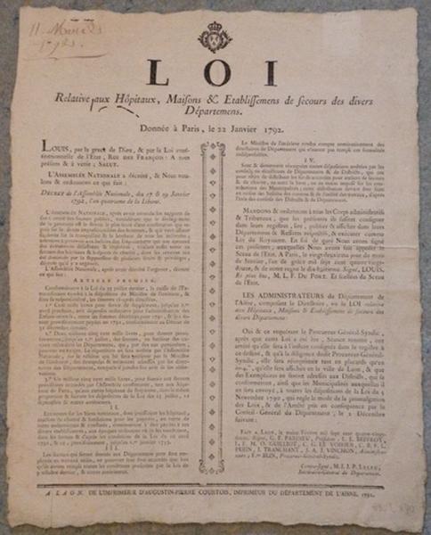 Loi relative aux Hôpitaux, Maisons & Etablissemens de secours des divers Départements