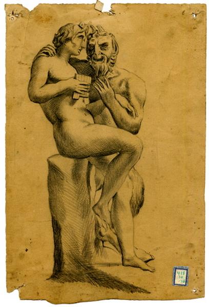 Etude d'un groupe sculpté antique représentant Silène et Pan