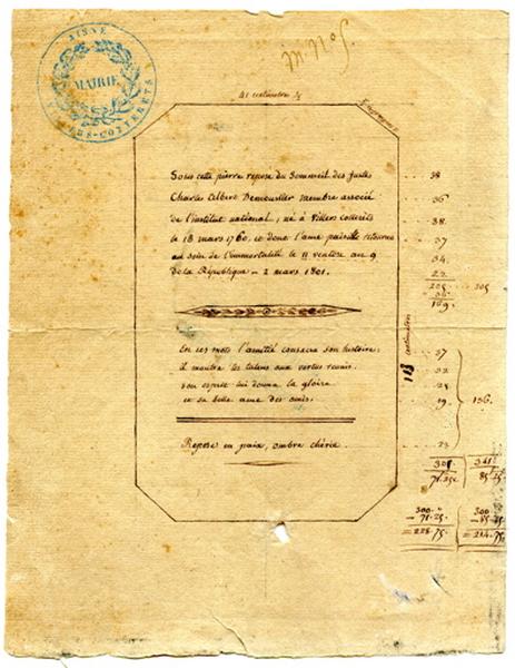 Plan et texte de l'épitaphe du monument funéraire de Charles Albert Demoustier