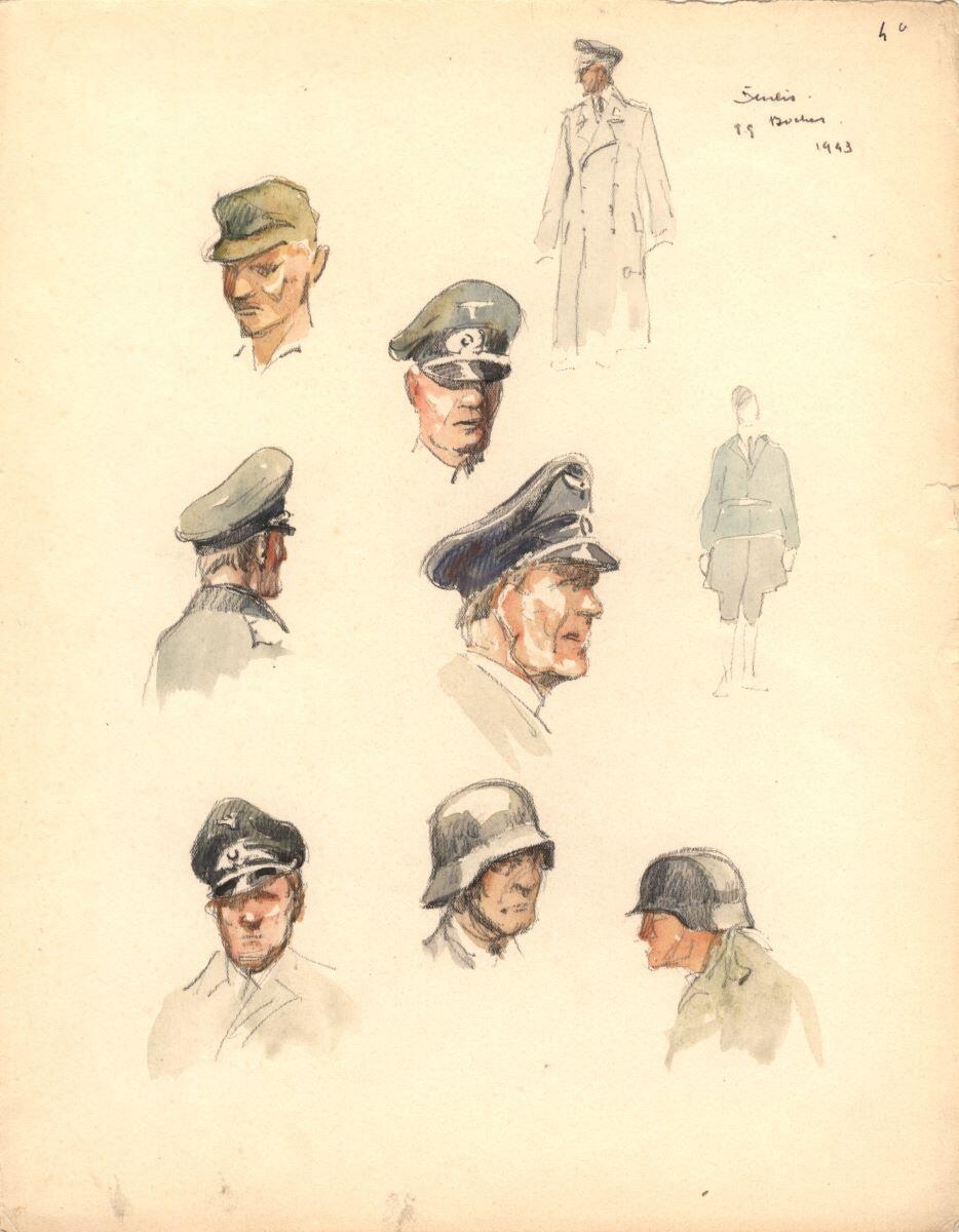 Sept têtes et deux silhouettes de soldats, Senlis
