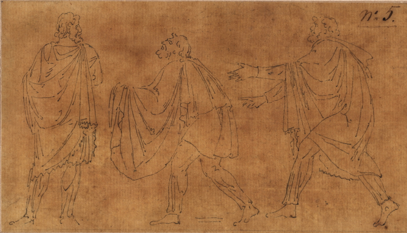 Frise de trois personnages masculins, scène de présentation