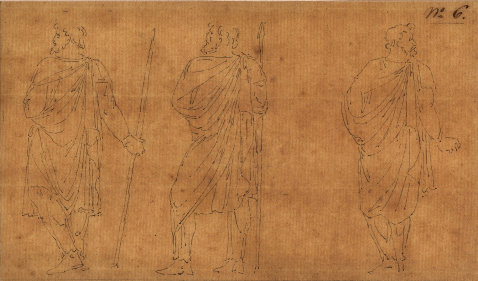 Frise de trois personnages dont deux tenant une lance