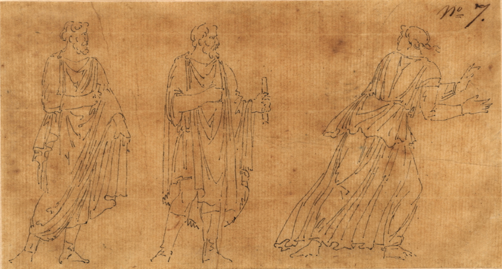 Frise de trois personnages dont une femme s’enfuyant vue de dos