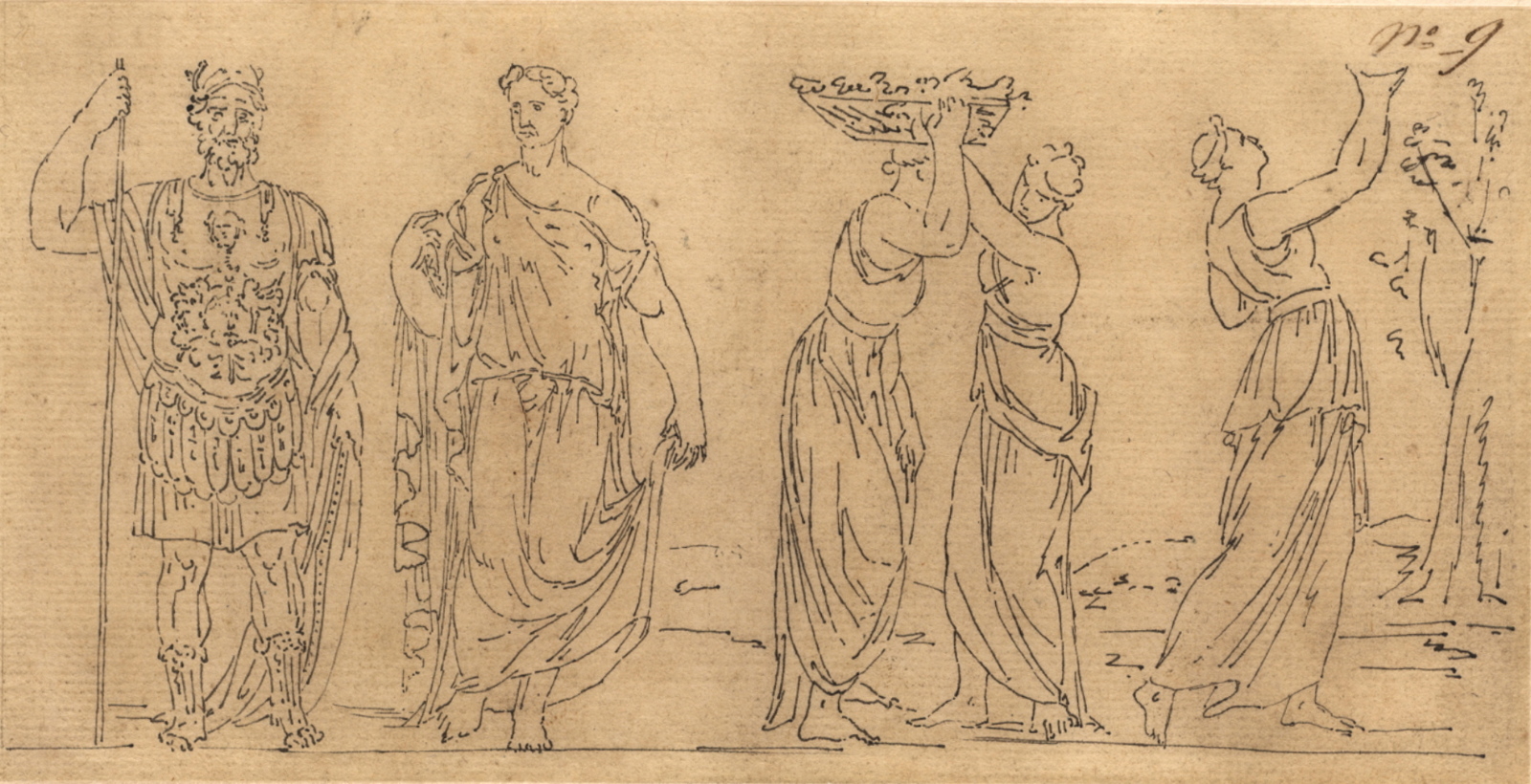 Frise de cinq personnages : un guerrier et une femme de face, trois autres cueillant des fruits