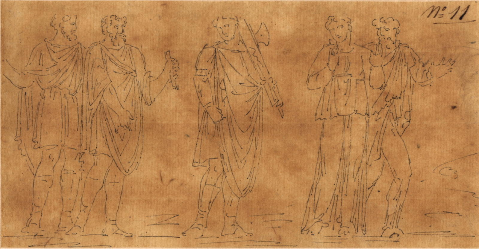 Frise de quatre guerriers et une femme (scène de rapt ?)