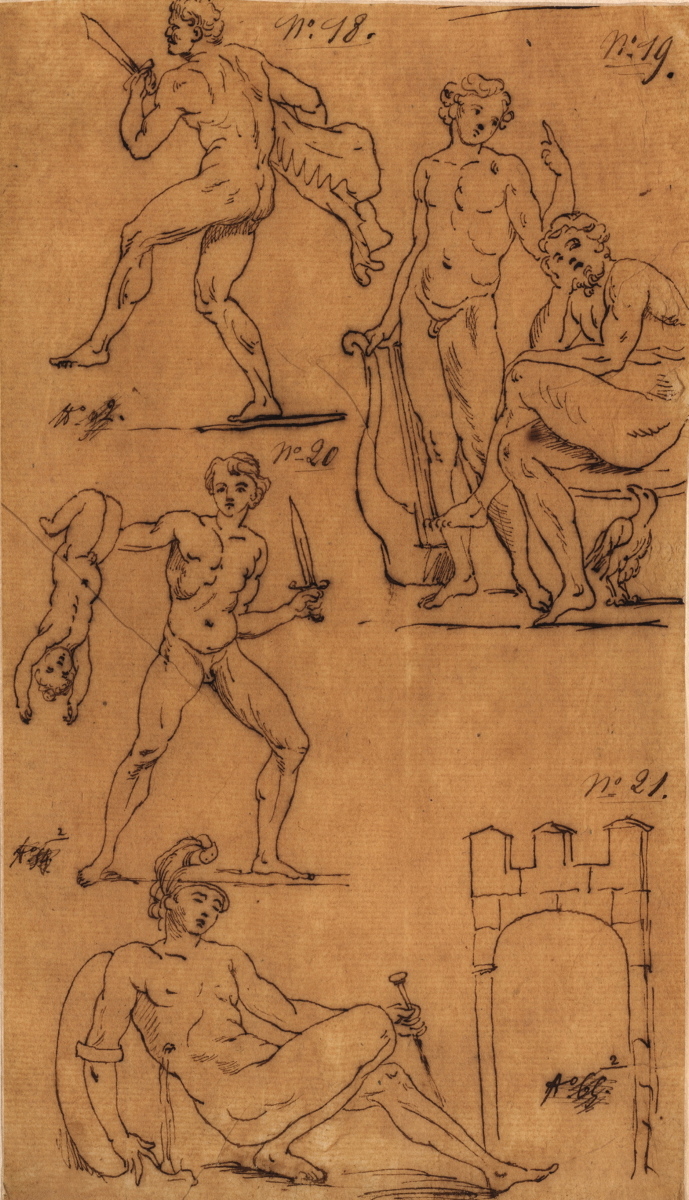 Diomède allant enlever la palladium ; Apollon et Vulcain [fragment] ; Atrée tuant le fils né de la relation incestueuse de son frère avec sa femme ; Guerrier mourrant [Achille]