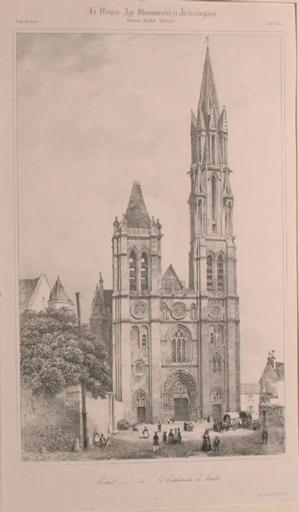 Façade ouest de la cathédrale de Senlis vue du bout de la rue de Villevert (titre factice)